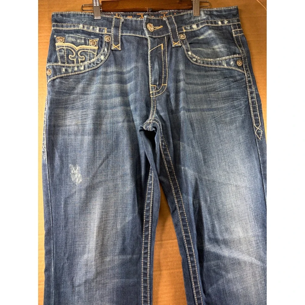 Rock Revival Curtis Straight Jeans Mens 36 Blue Distressed Thick Stitch Denim